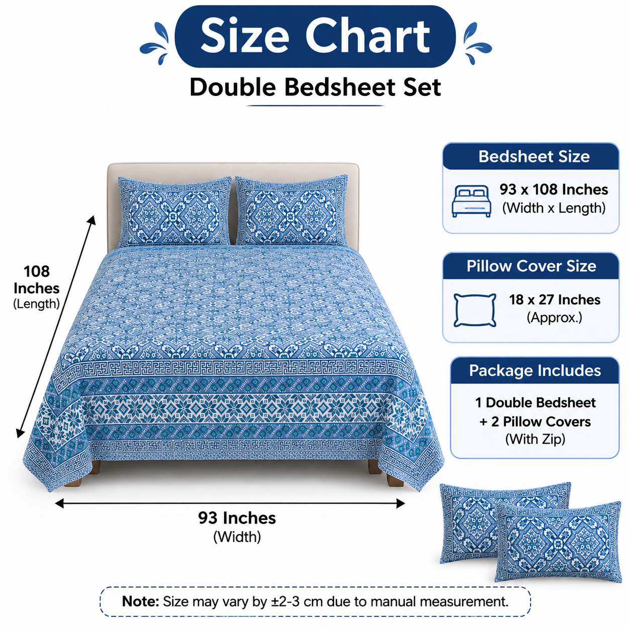 Pure Cotton King Size Bedsheet 93x108 Inch | 290 TC Teal Blue & White Printed Bedsheet with 2 Zip Pillow Covers thumbnail 2