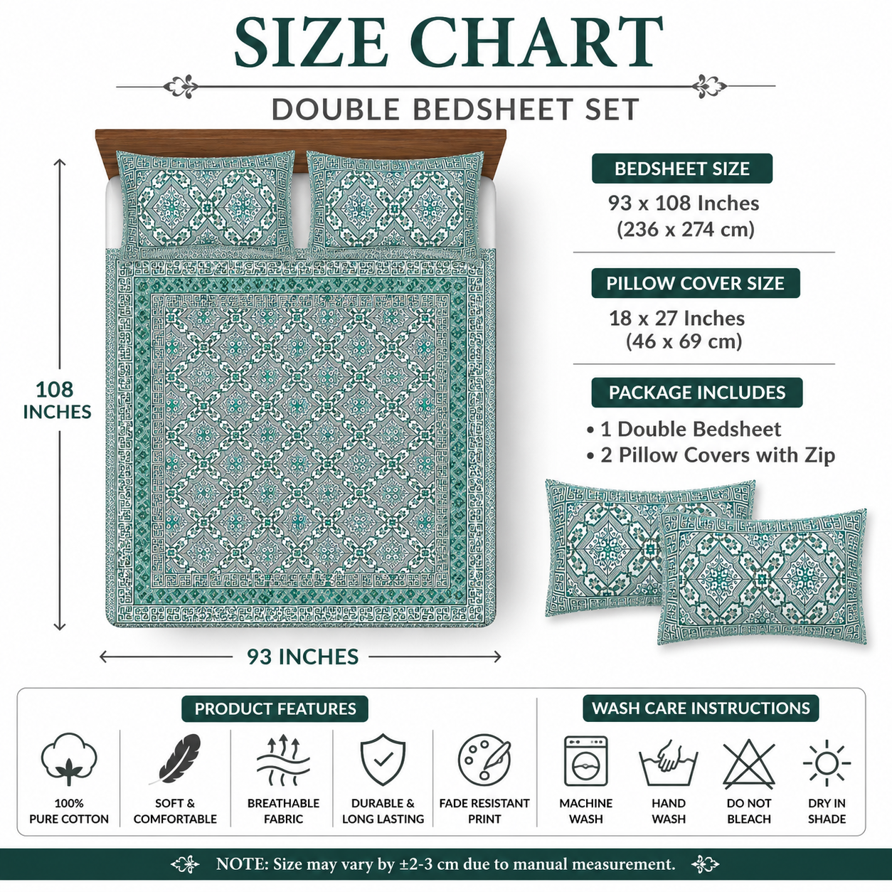 Sriora 100% Pure Cotton King Size Bedsheet 93x108 Inch | 290 TC Teal Blue & White Printed Bedsheet with 2 Zip Pillow Covers thumbnail 2