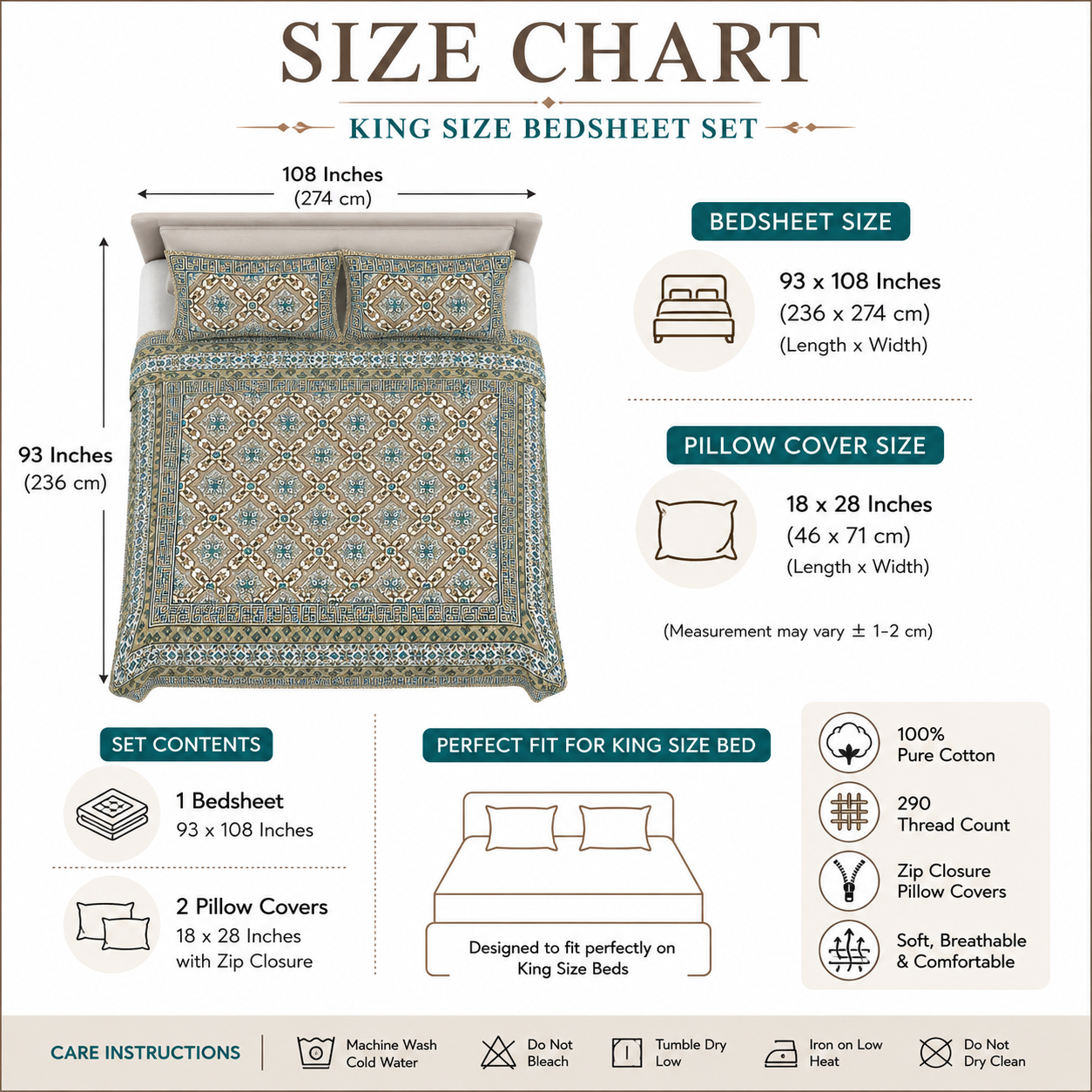Sriora 100% Pure Cotton King Size Bedsheet 93x108 Inch | 290 TC Traditional Printed Bedsheet with 2 Zip Pillow Covers thumbnail 2