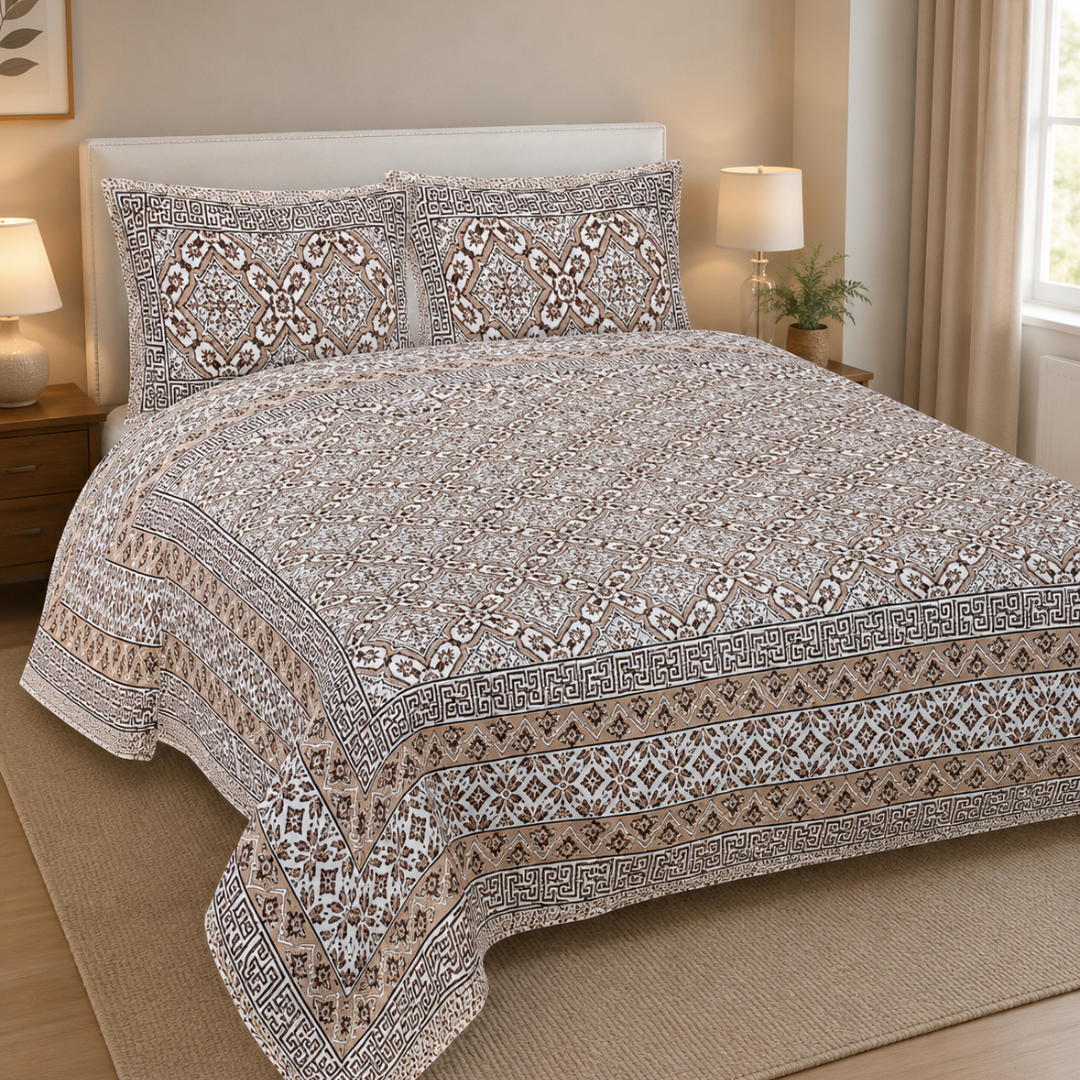 Sriora 100% Pure Cotton King Size Bedsheet 93x108 Inch | 290 TC Brown & Beige Traditional Printed Bedsheet with 2 Zip Pillow Covers thumbnail 2