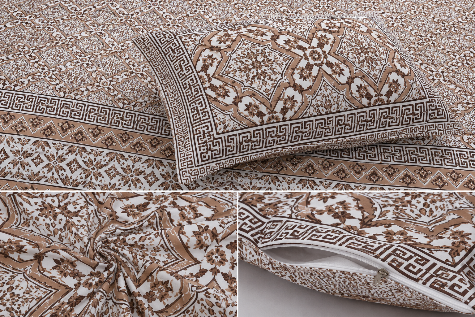 Sriora 100% Pure Cotton King Size Bedsheet 93x108 Inch | 290 TC Brown & Beige Traditional Printed Bedsheet with 2 Zip Pillow Covers thumbnail 3