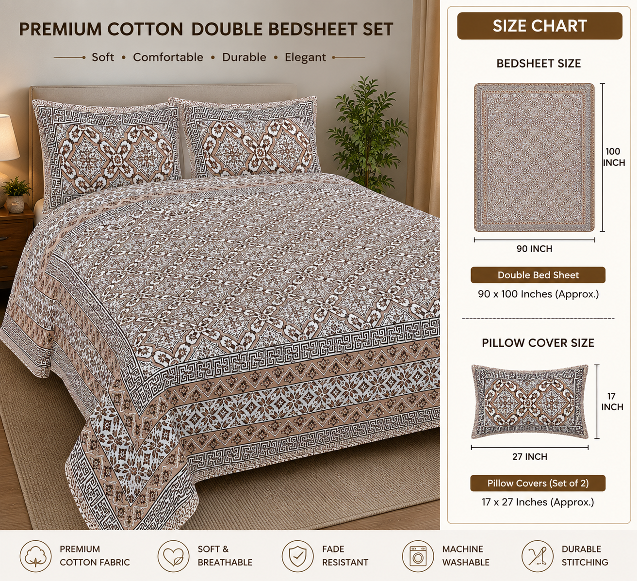 Sriora 100% Pure Cotton King Size Bedsheet 93x108 Inch | 290 TC Brown & Beige Traditional Printed Bedsheet with 2 Zip Pillow Covers thumbnail 4