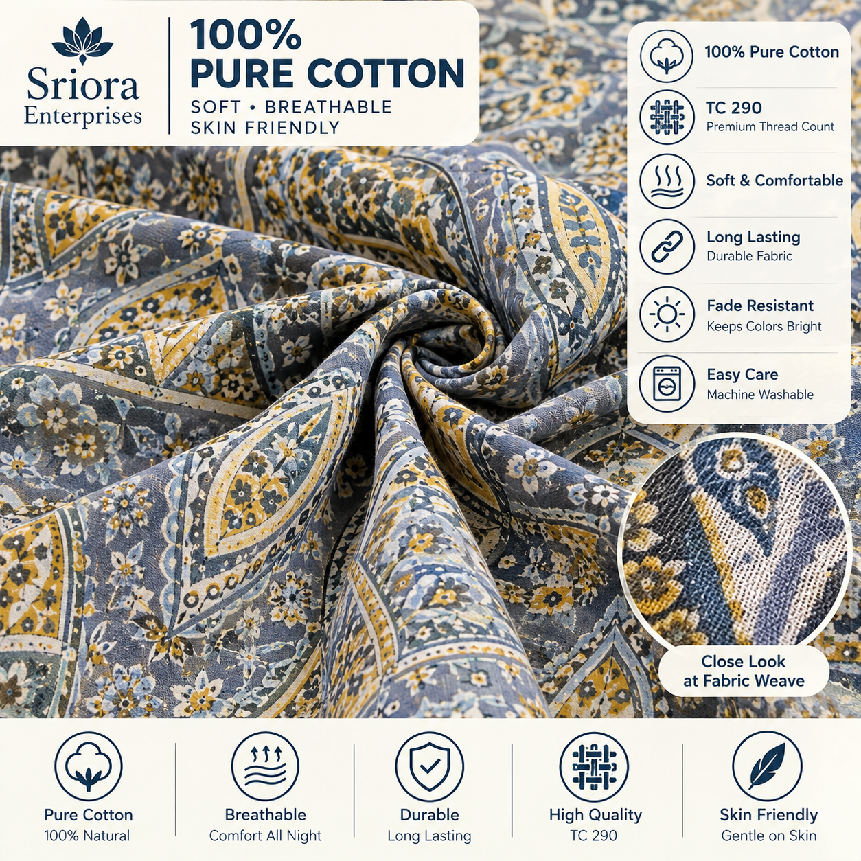 Buy Sriora Enterprises 93×108 Inches Pure Cotton Printed Bedsheet with TC 290 and 2 Matching Pillow Covers with Zip in Blue Grey, Mustard Yellow & Cream. thumbnail 2