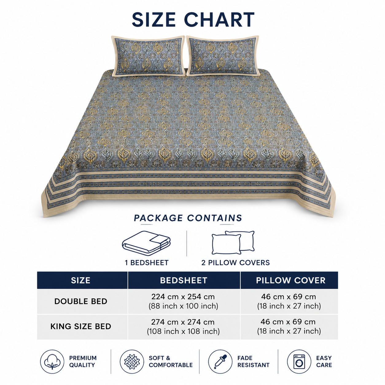Buy Sriora Enterprises 93×108 Inches Pure Cotton Printed Bedsheet with TC 290 and 2 Matching Pillow Covers with Zip in Blue Grey, Mustard Yellow & Cream. thumbnail 3