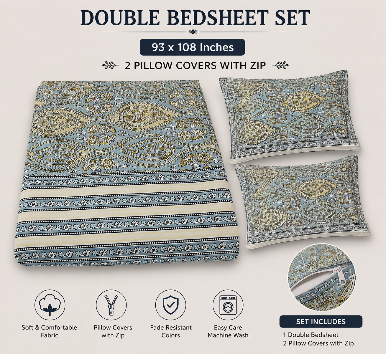 Buy Sriora Enterprises 93×108 Inches Pure Cotton Printed Bedsheet with TC 290 and 2 Matching Pillow Covers with Zip in Blue Grey, Mustard Yellow & Cream. thumbnail 4