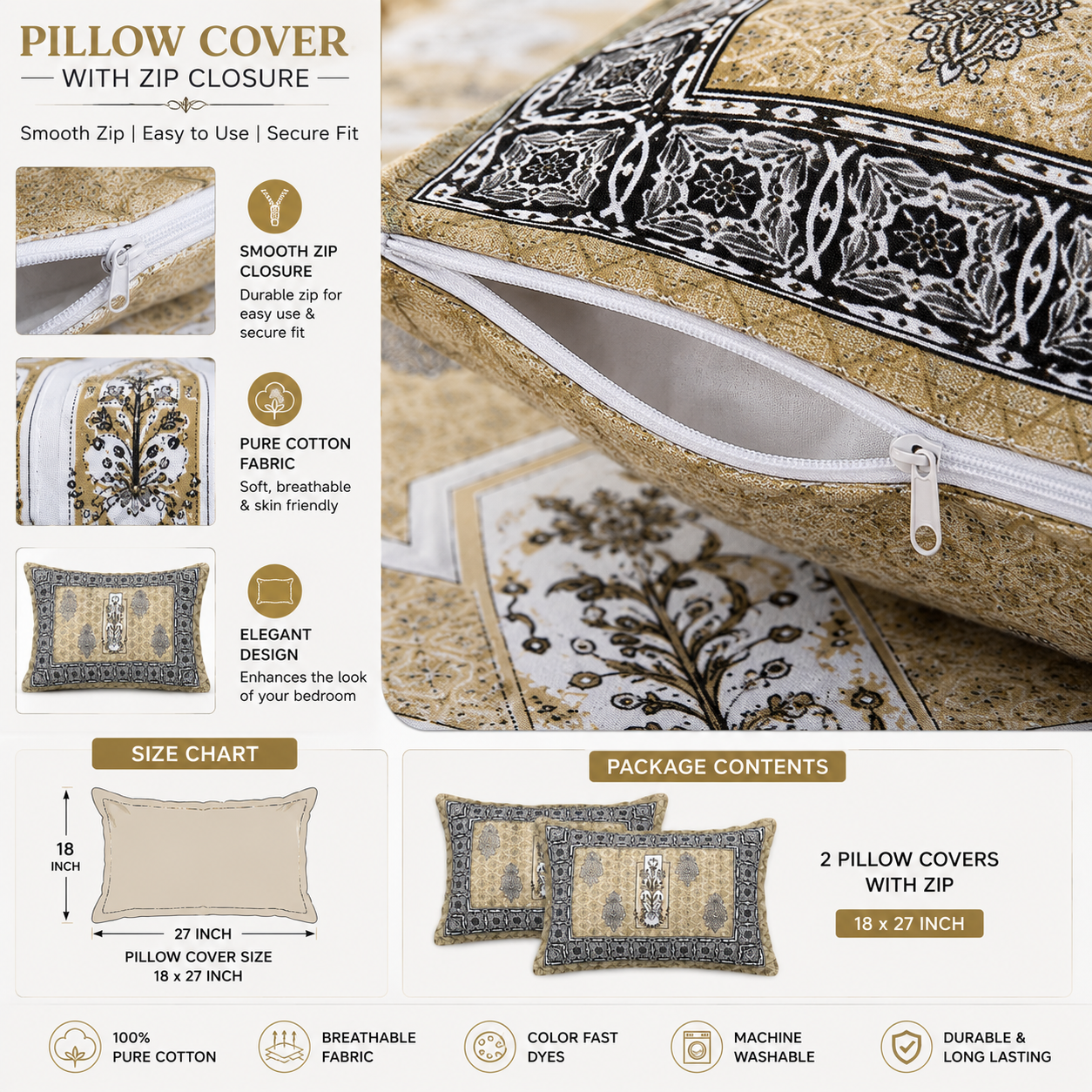 Pure Cotton Printed Double Bedsheet 93×108 Inches with 2 Pillow Covers with Zip | TC 290 | Beige Cream Black & Grey Print thumbnail 2