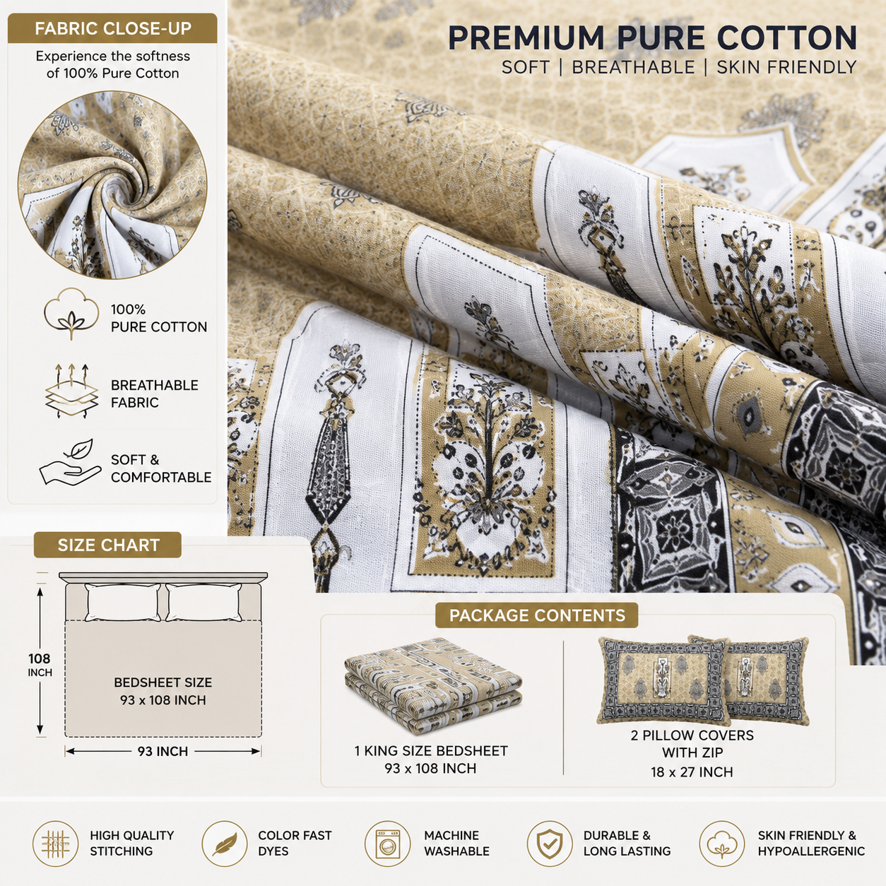 Pure Cotton Printed Double Bedsheet 93×108 Inches with 2 Pillow Covers with Zip | TC 290 | Beige Cream Black & Grey Print thumbnail 3
