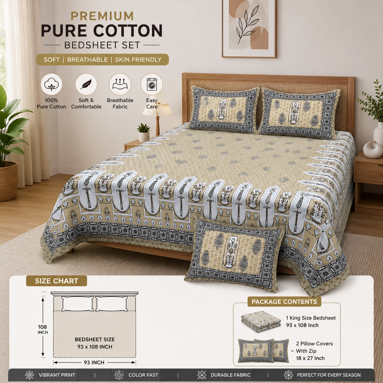 Pure Cotton Printed Double Bedsheet 93×108 Inches with 2 Pillow Covers with Zip | TC 290 | Beige Cream Black & Grey Print thumbnail 4