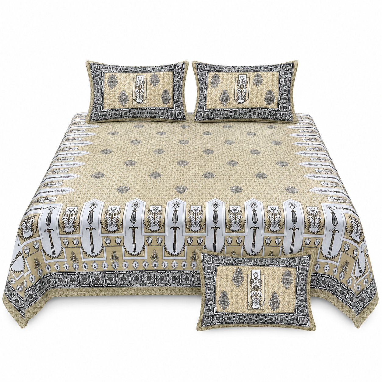 Pure Cotton Printed Double Bedsheet 93×108 Inches with 2 Pillow Covers with Zip | TC 290 | Beige Cream Black & Grey Print thumbnail 6