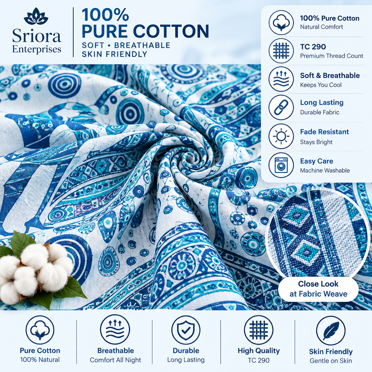 Sriora Enterprises Pure Cotton Printed Double Bedsheet 93×108 Inches with 2 Pillow Covers with Zip | TC 290 | Blue & White thumbnail 2