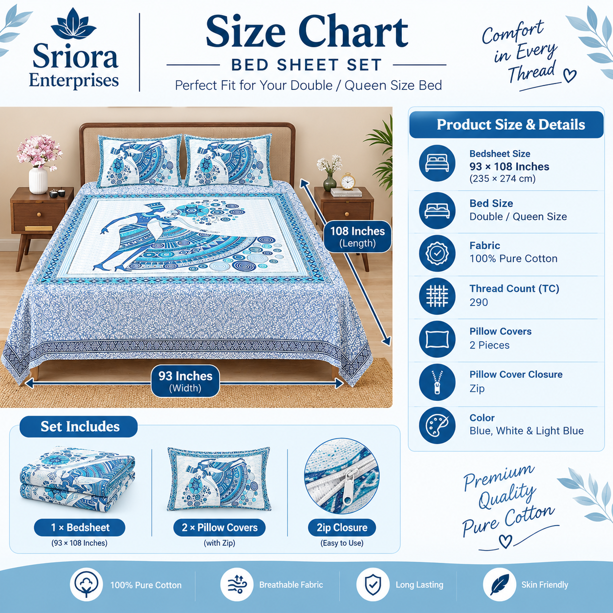 Sriora Enterprises Pure Cotton Printed Double Bedsheet 93×108 Inches with 2 Pillow Covers with Zip | TC 290 | Blue & White thumbnail 3