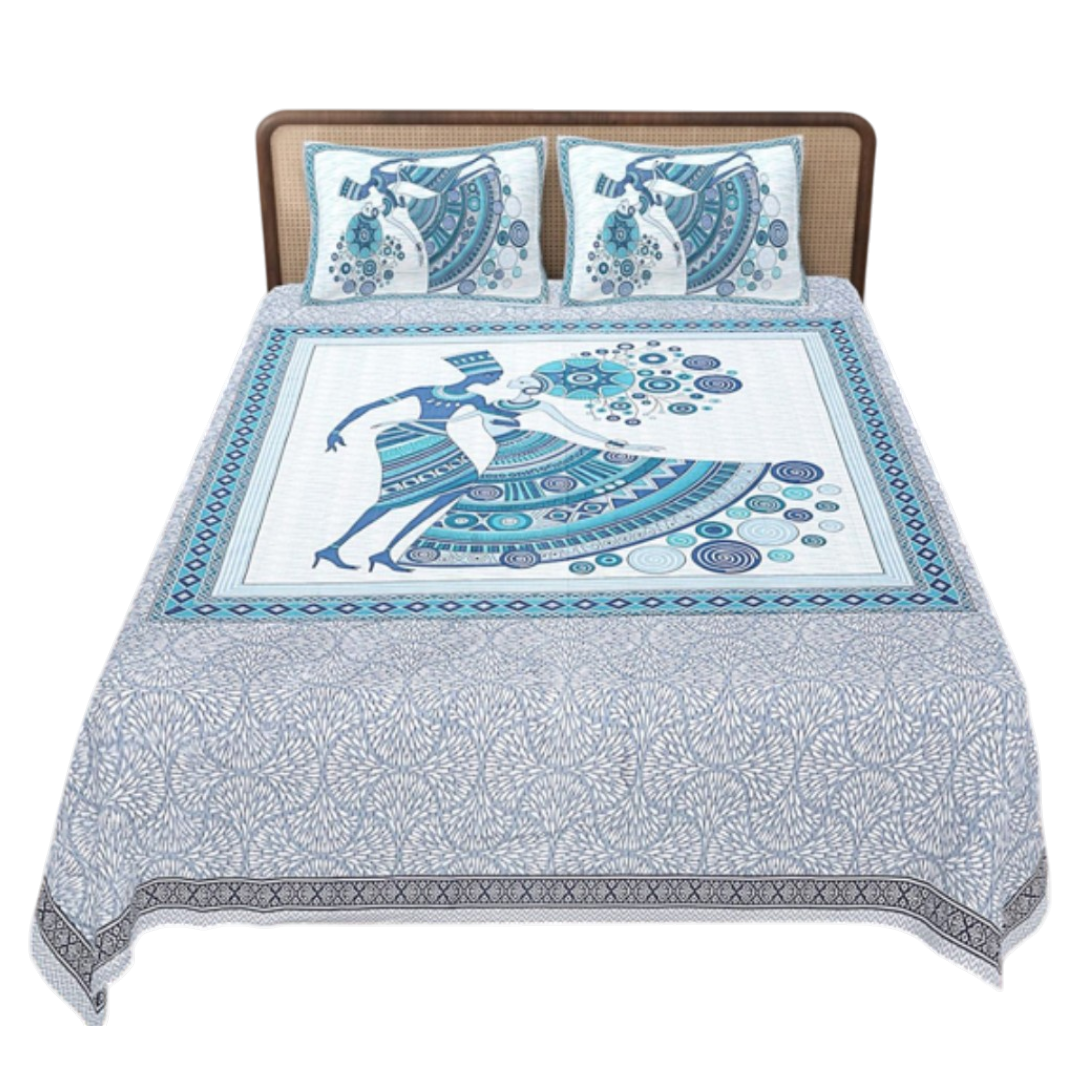 Sriora Enterprises Pure Cotton Printed Double Bedsheet 93×108 Inches with 2 Pillow Covers with Zip | TC 290 | Blue & White thumbnail 4