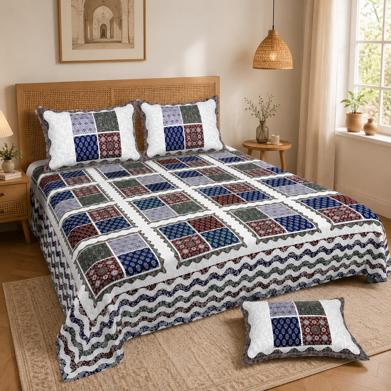 Sriora Enterprises Pure Cotton Printed Double Bedsheet 93×108 Inches with 2 Pillow Covers with Zip | TC 290 | White Multicolor thumbnail 2