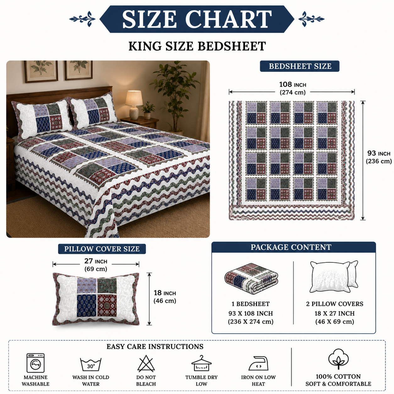 Sriora Enterprises Pure Cotton Printed Double Bedsheet 93×108 Inches with 2 Pillow Covers with Zip | TC 290 | White Multicolor thumbnail 3