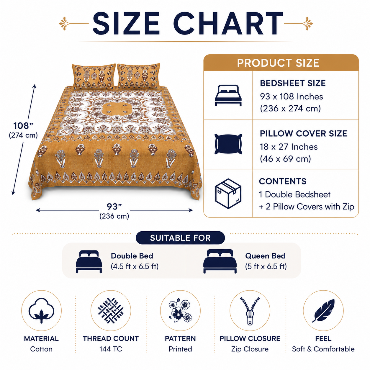 Sriora Enterprises 100% Pure Cotton King Size Bedsheet 93x108 Inch | 290 TC Mustard Yellow Printed Bedsheet with 2 Zip Pillow Covers thumbnail 2
