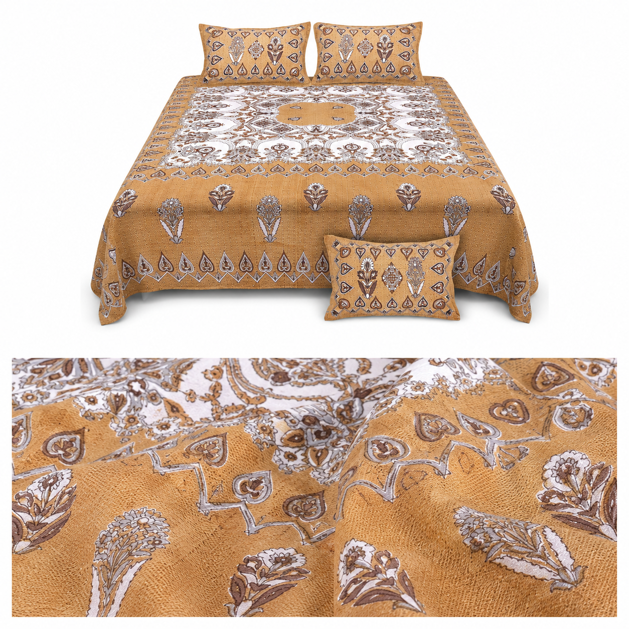 Sriora Enterprises 100% Pure Cotton King Size Bedsheet 93x108 Inch | 290 TC Mustard Yellow Printed Bedsheet with 2 Zip Pillow Covers thumbnail 4