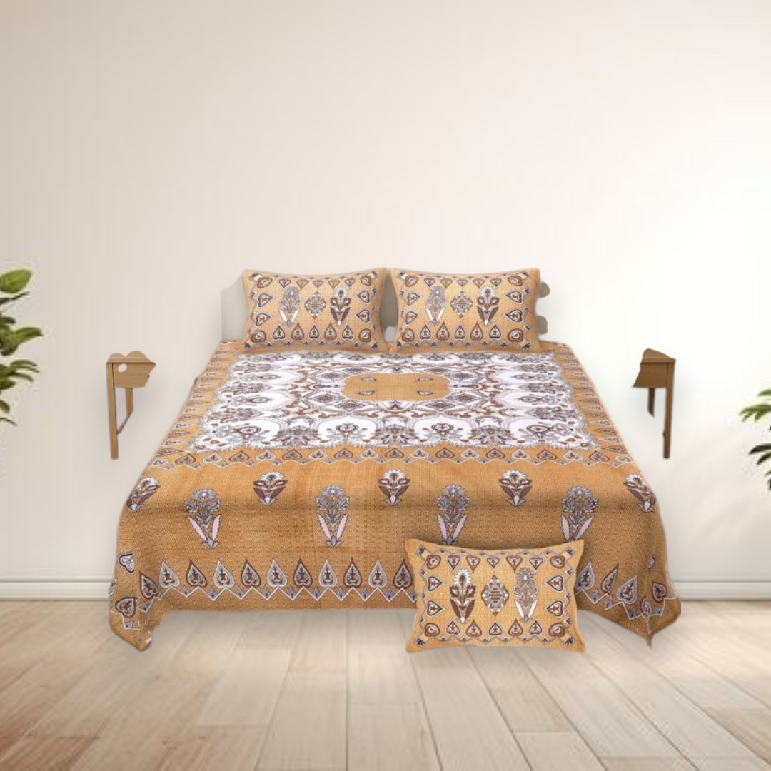 Sriora Enterprises 100% Pure Cotton King Size Bedsheet 93x108 Inch | 290 TC Mustard Yellow Printed Bedsheet with 2 Zip Pillow Covers thumbnail 5
