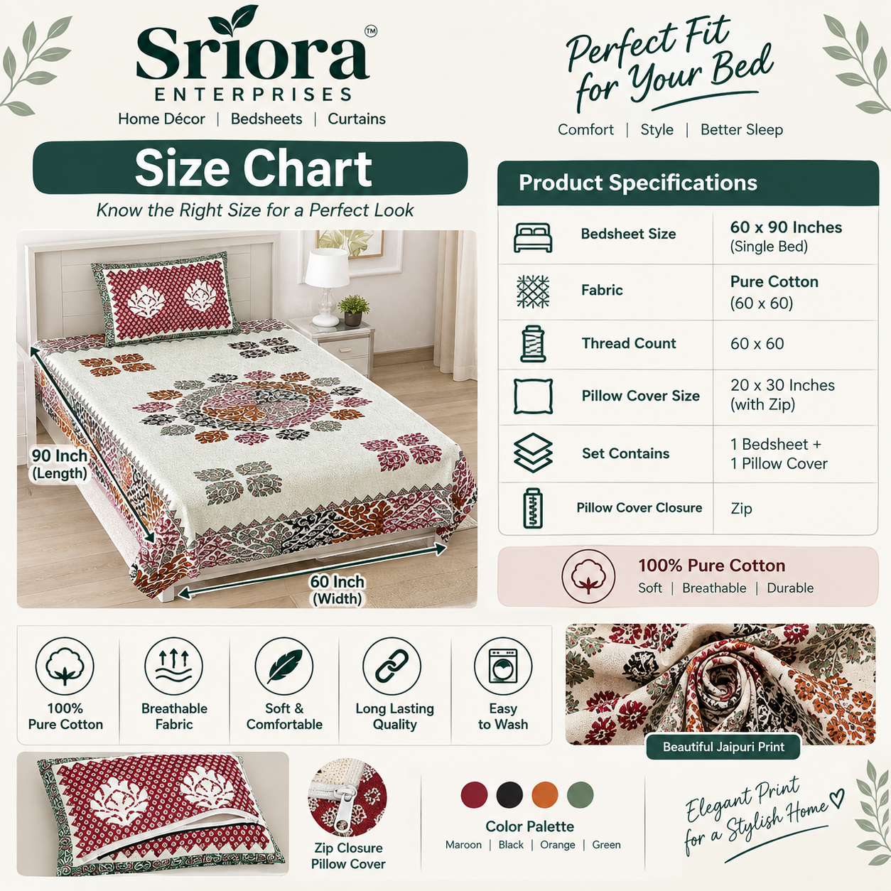 Sriora Enterprises Pure Cotton 60x90 Inch Single Bed Bedsheet | Multicolor Jaipuri Printed Bedsheet with 1 Zip Pillow Cover thumbnail 2