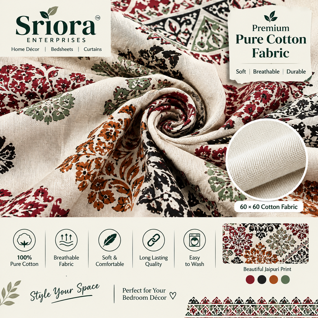Sriora Enterprises Pure Cotton 60x90 Inch Single Bed Bedsheet | Multicolor Jaipuri Printed Bedsheet with 1 Zip Pillow Cover thumbnail 3