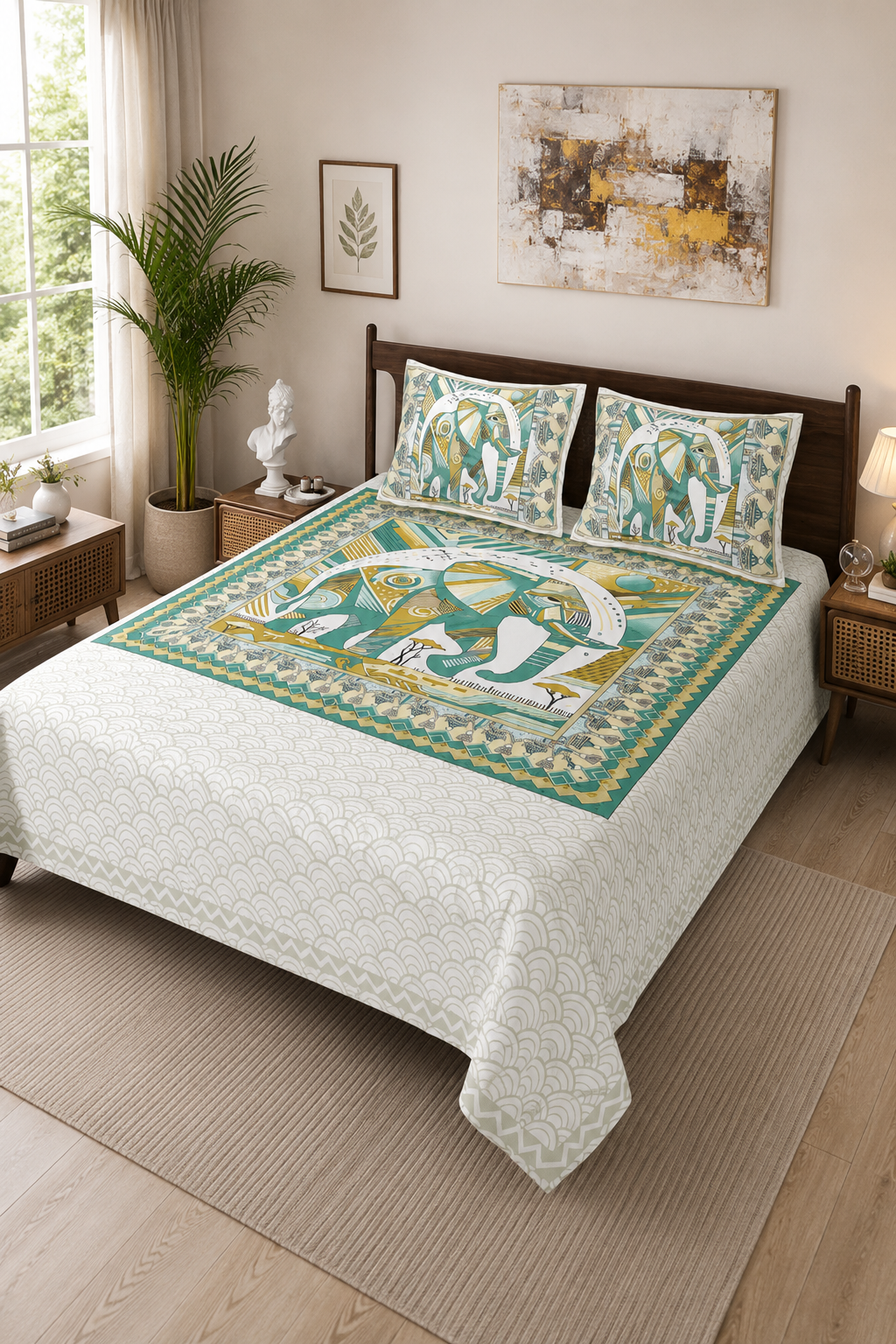 Sriora Enterprises 100% Pure Cotton King Size Bedsheet 93x108 Inch | 290 TC Teal Blue & Mustard Yellow Printed Bedsheet with 2 Zip Pillow Covers thumbnail 2
