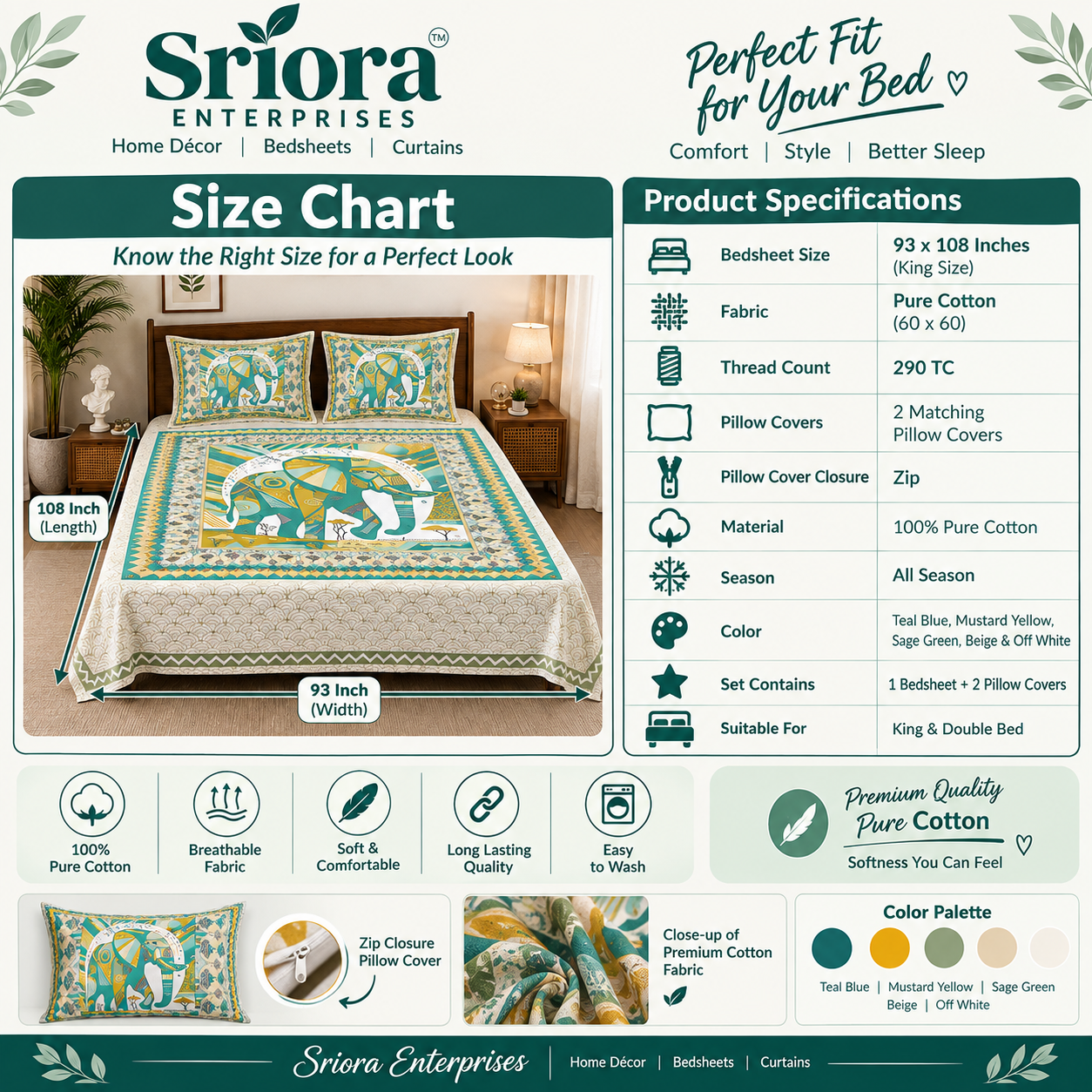 Sriora Enterprises 100% Pure Cotton King Size Bedsheet 93x108 Inch | 290 TC Teal Blue & Mustard Yellow Printed Bedsheet with 2 Zip Pillow Covers thumbnail 3