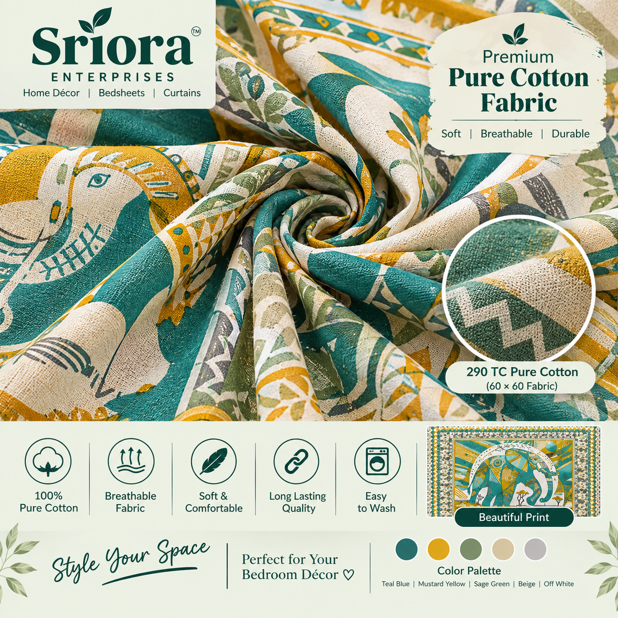 Sriora Enterprises 100% Pure Cotton King Size Bedsheet 93x108 Inch | 290 TC Teal Blue & Mustard Yellow Printed Bedsheet with 2 Zip Pillow Covers thumbnail 4