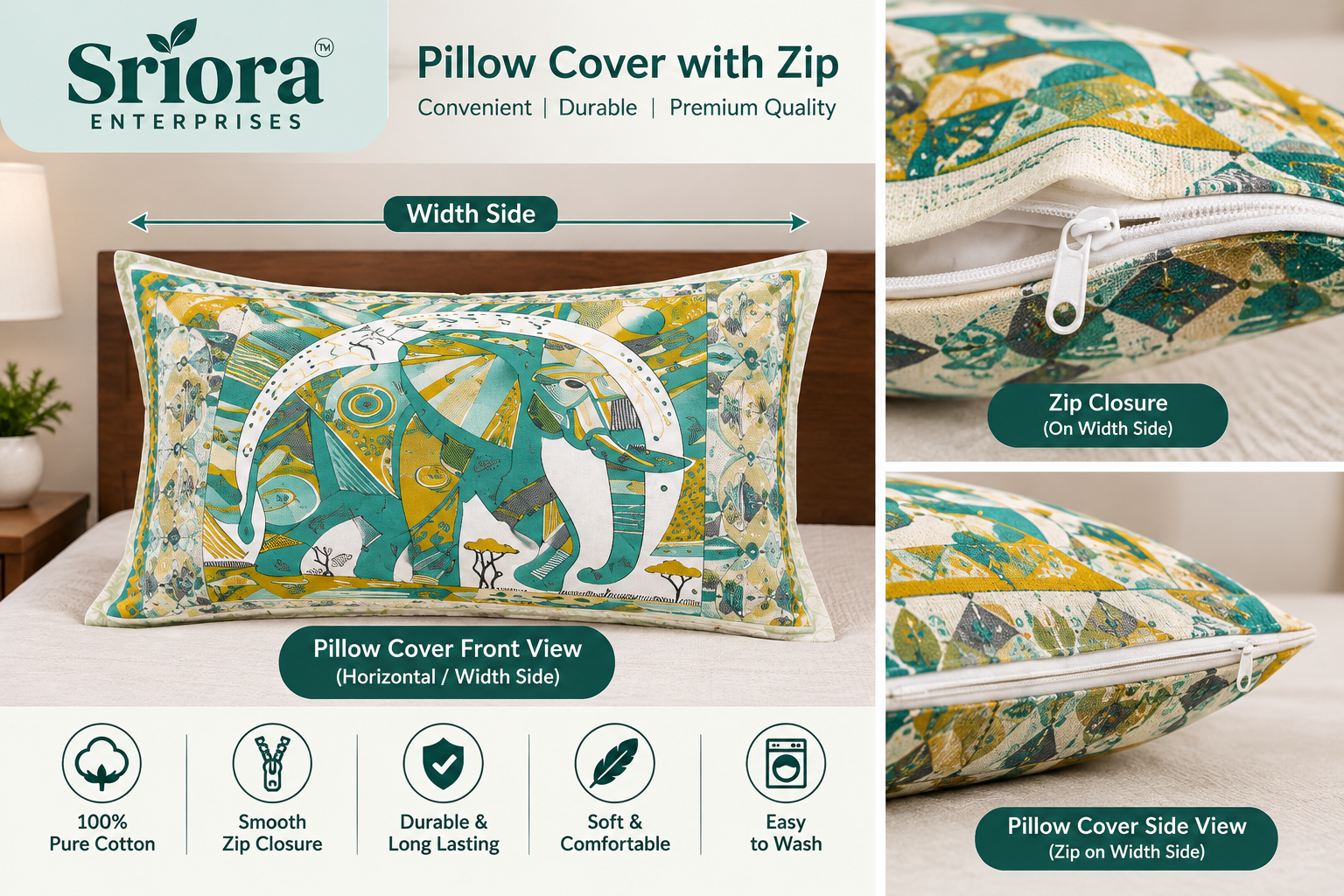 Sriora Enterprises 100% Pure Cotton King Size Bedsheet 93x108 Inch | 290 TC Teal Blue & Mustard Yellow Printed Bedsheet with 2 Zip Pillow Covers thumbnail 5