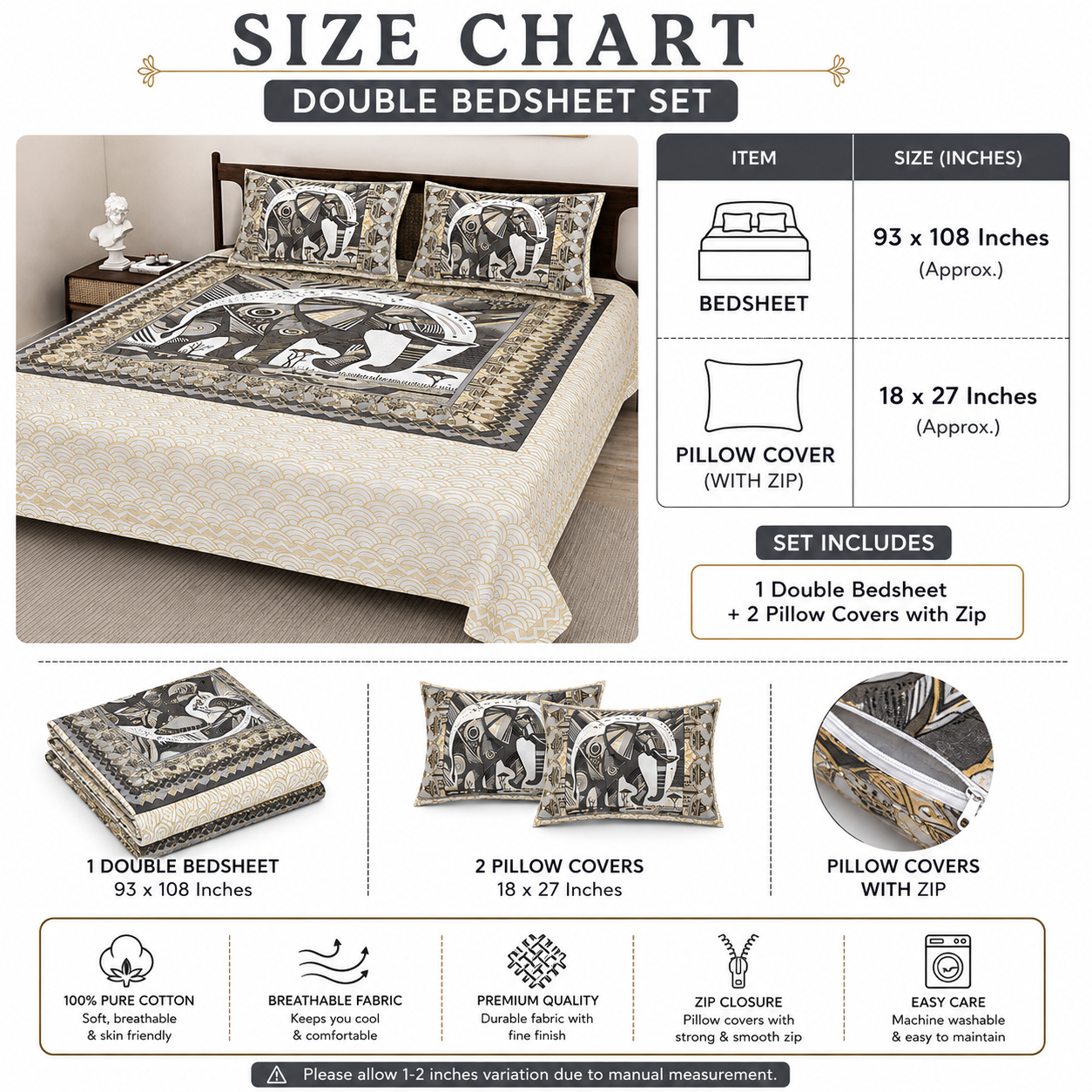 Sriora Enterprises 100% Pure Cotton King Size Bedsheet 93x108 Inch | 290 TC Black & Beige Elephant Printed Bedsheet with 2 Zip Pillow Covers thumbnail 2