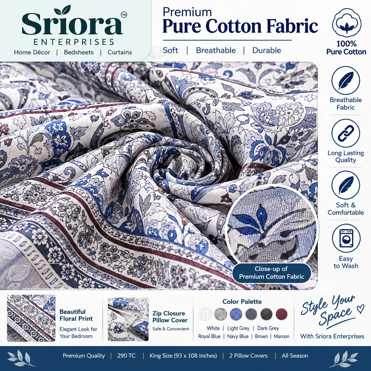 Sriora Enterprises 100% Pure Cotton King Size Bedsheet 93x108 Inch | 290 TC Blue & Grey Floral Printed Bedsheet with 2 Zip Pillow Covers | All Season thumbnail 2