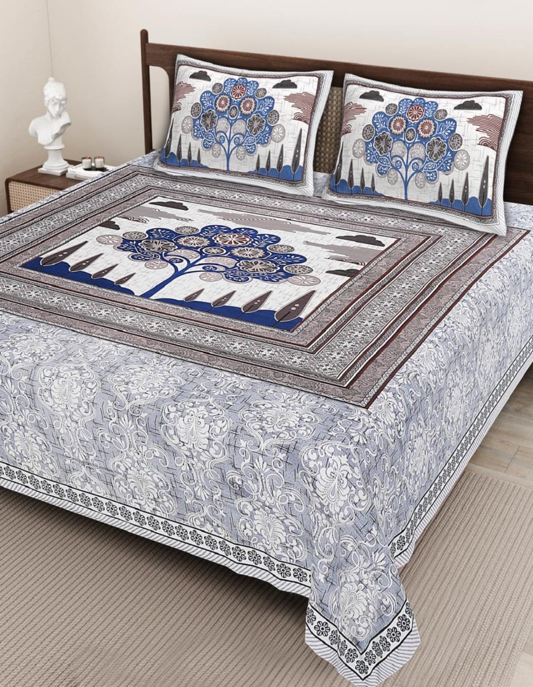 Sriora Enterprises 100% Pure Cotton King Size Bedsheet 93x108 Inch | 290 TC Blue & Grey Floral Printed Bedsheet with 2 Zip Pillow Covers | All Season thumbnail 3