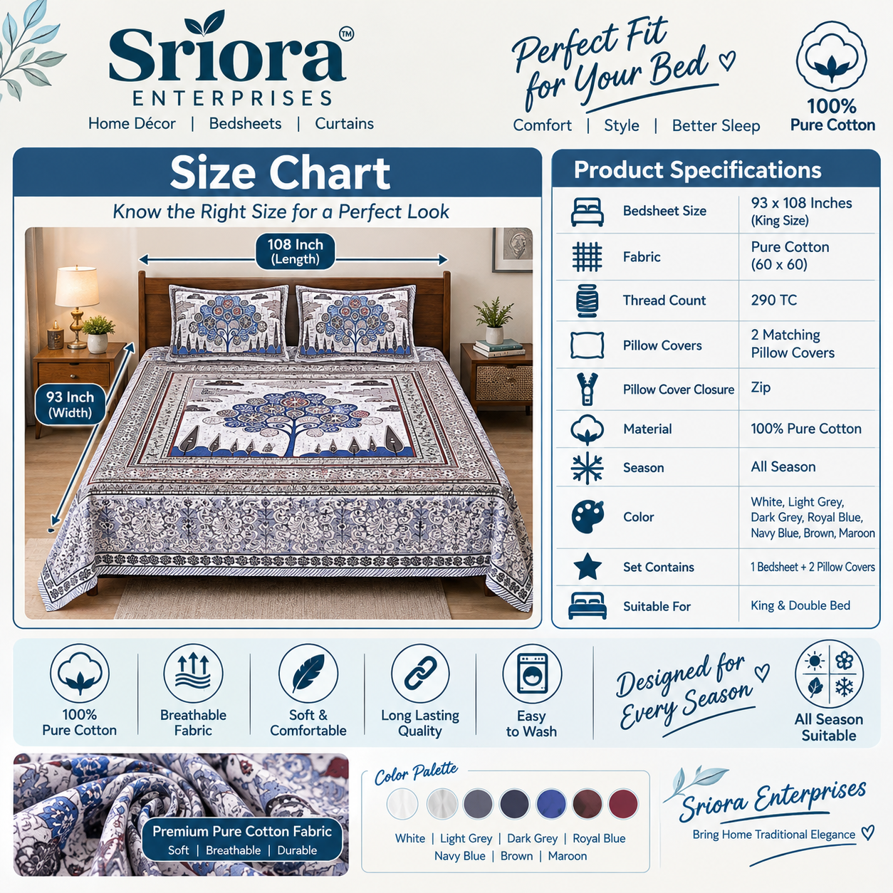 Sriora Enterprises 100% Pure Cotton King Size Bedsheet 93x108 Inch | 290 TC Blue & Grey Floral Printed Bedsheet with 2 Zip Pillow Covers | All Season thumbnail 4
