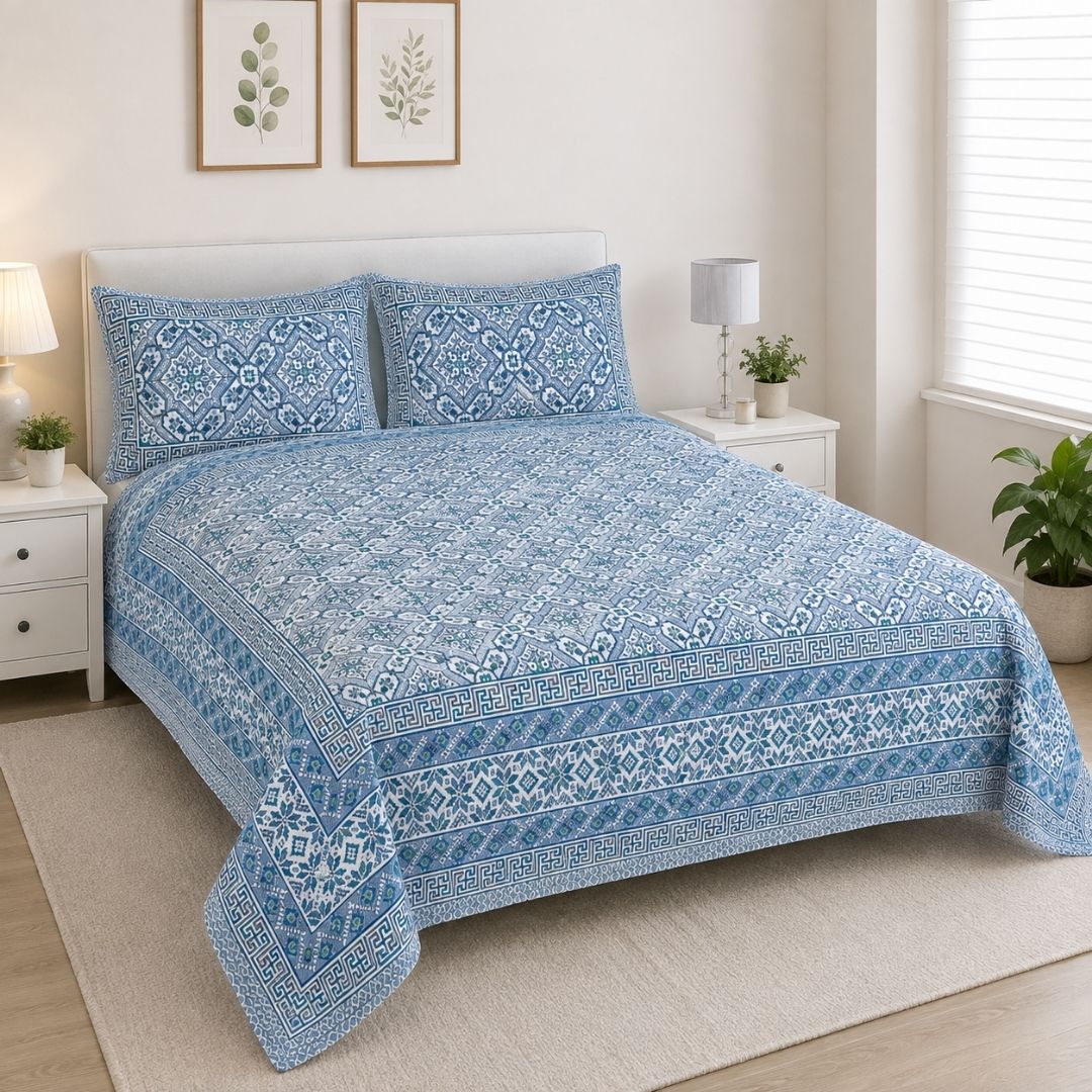 Pure Cotton King Size Bedsheet 93x108 Inch | 290 TC Teal Blue & White Printed Bedsheet with 2 Zip Pillow Covers