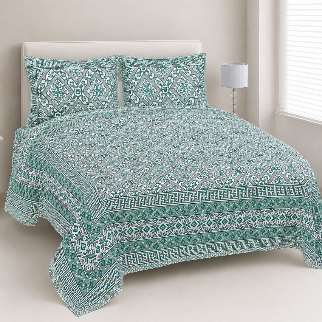 Sriora 100% Pure Cotton King Size Bedsheet 93x108 Inch | 290 TC Teal Blue & White Printed Bedsheet with 2 Zip Pillow Covers