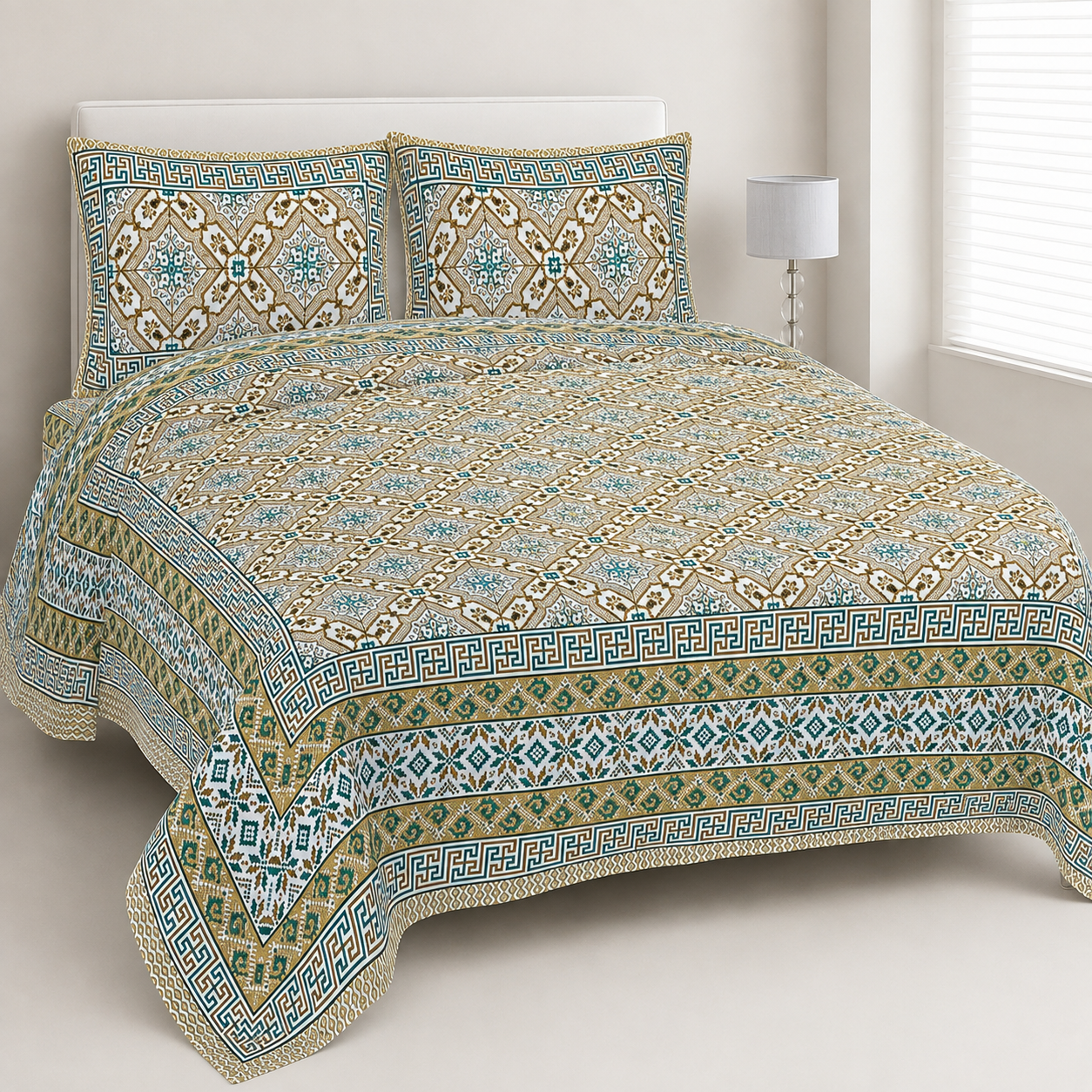 Sriora 100% Pure Cotton King Size Bedsheet 93x108 Inch | 290 TC Traditional Printed Bedsheet with 2 Zip Pillow Covers