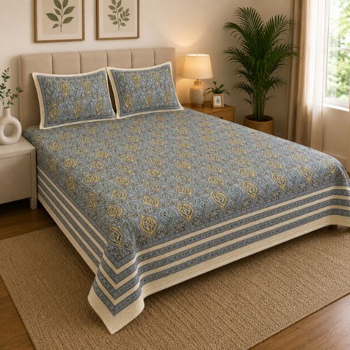 Buy Sriora Enterprises 93×108 Inches Pure Cotton Printed Bedsheet with TC 290 and 2 Matching Pillow Covers with Zip in Blue Grey, Mustard Yellow & Cream.