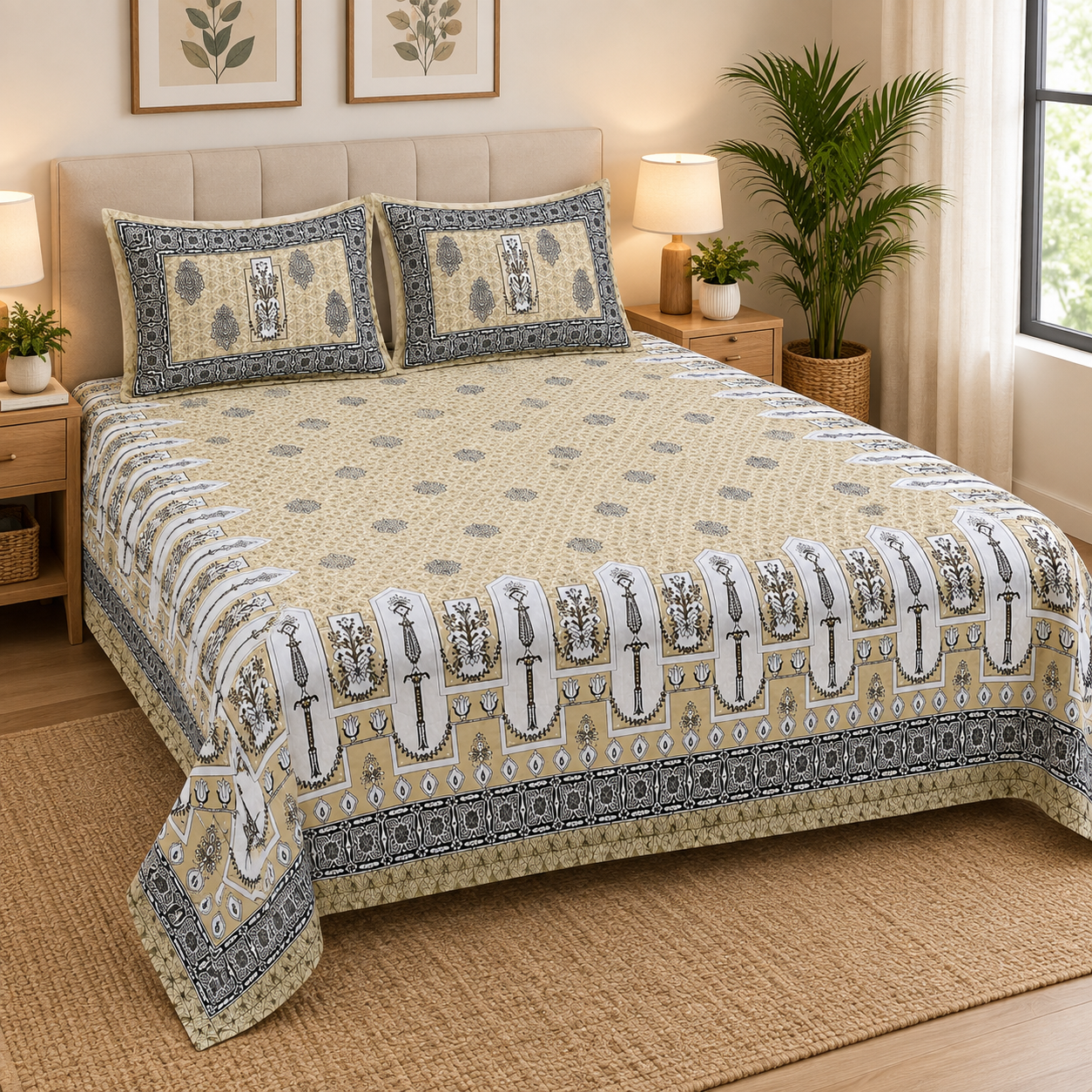 Pure Cotton Printed Double Bedsheet 93×108 Inches with 2 Pillow Covers with Zip | TC 290 | Beige Cream Black & Grey Print