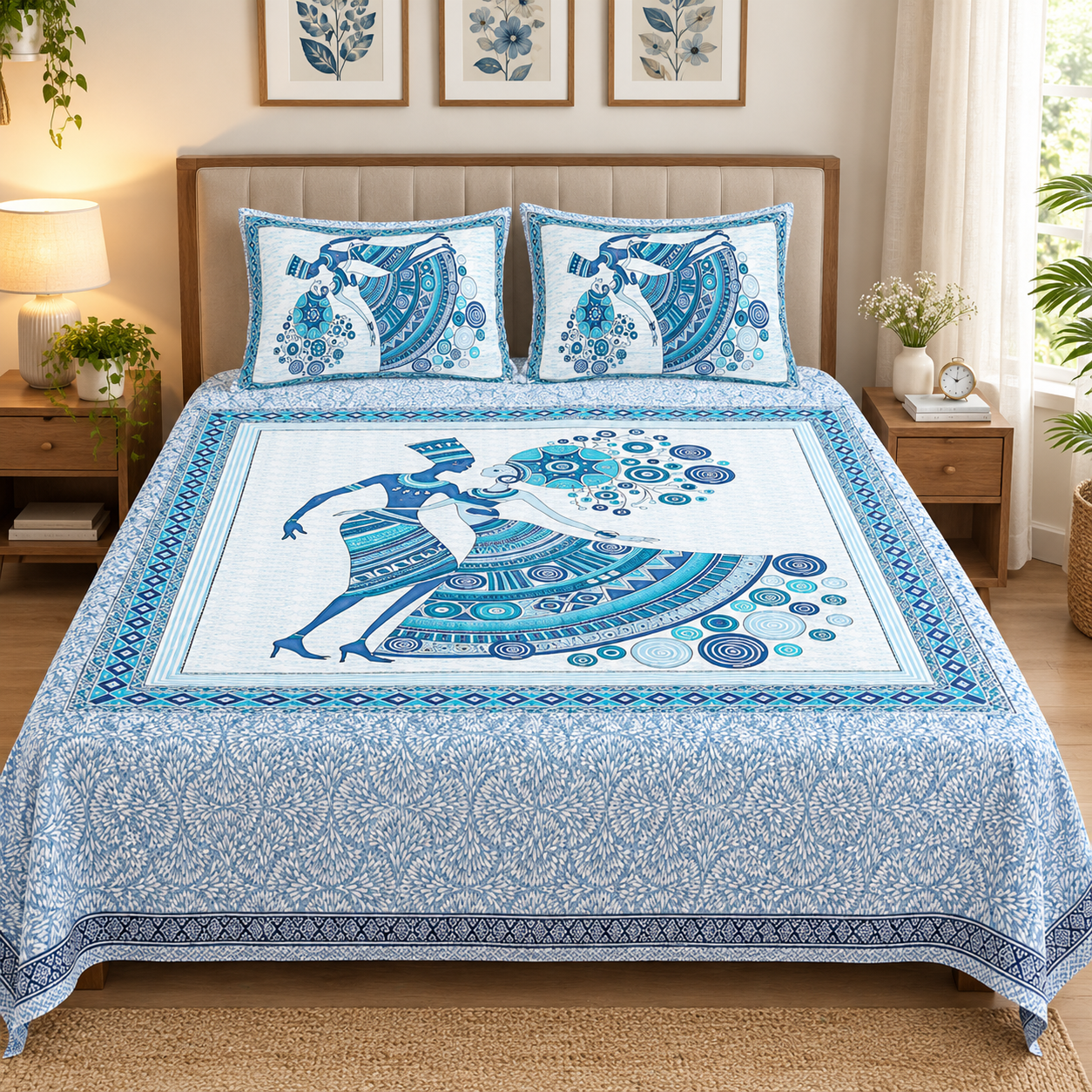 Sriora Enterprises Pure Cotton Printed Double Bedsheet 93×108 Inches with 2 Pillow Covers with Zip | TC 290 | Blue & White