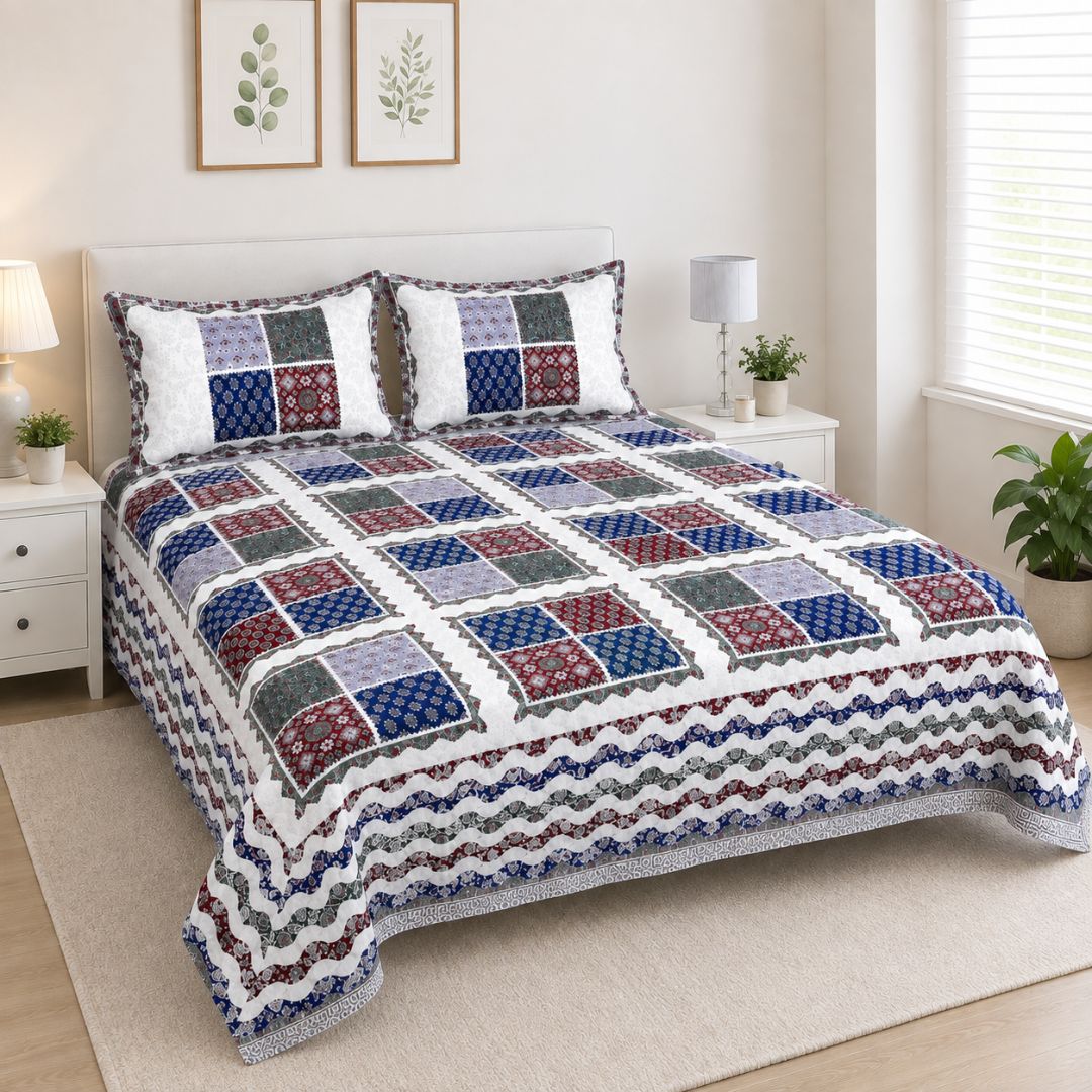 Sriora Enterprises Pure Cotton Printed Double Bedsheet 93×108 Inches with 2 Pillow Covers with Zip | TC 290 | White Multicolor