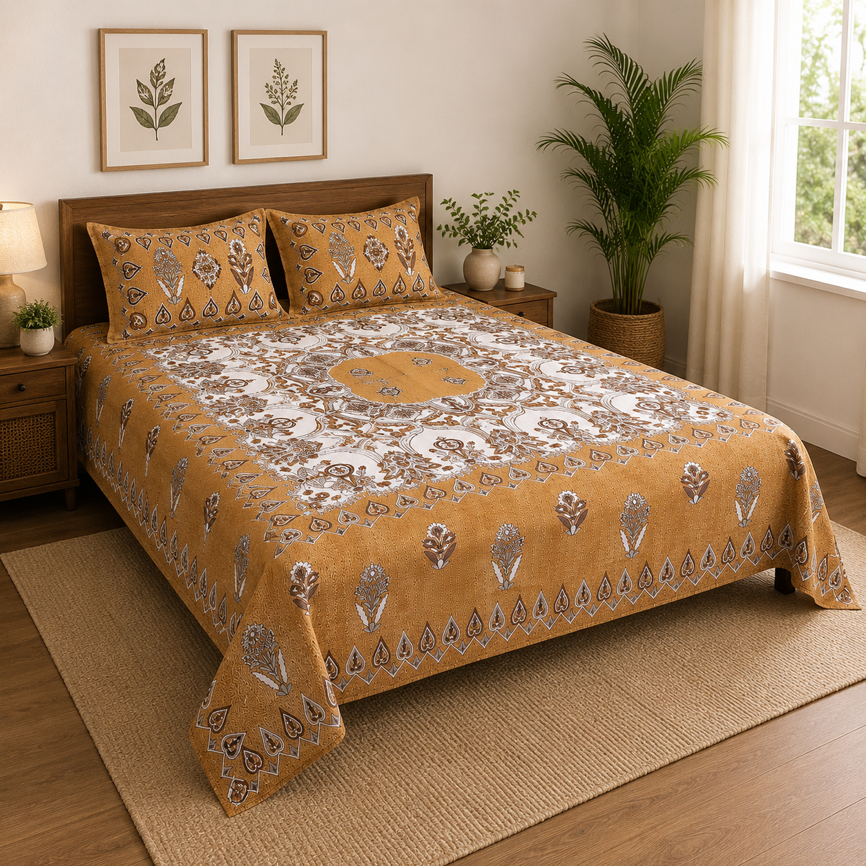 Sriora Enterprises 100% Pure Cotton King Size Bedsheet 93x108 Inch | 290 TC Mustard Yellow Printed Bedsheet with 2 Zip Pillow Covers
