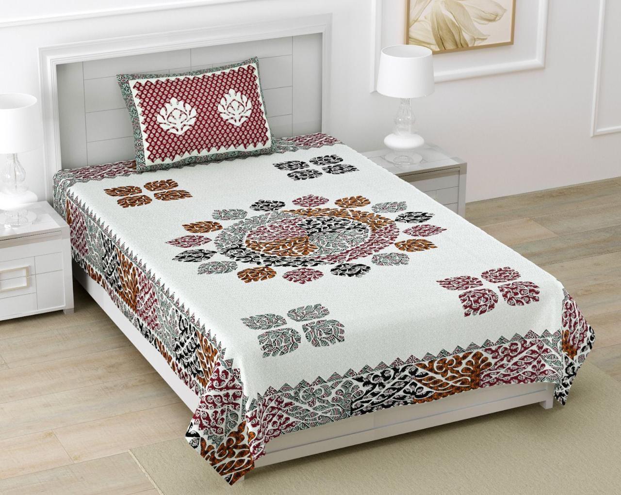 Sriora Enterprises Pure Cotton 60x90 Inch Single Bed Bedsheet | Multicolor Jaipuri Printed Bedsheet with 1 Zip Pillow Cover