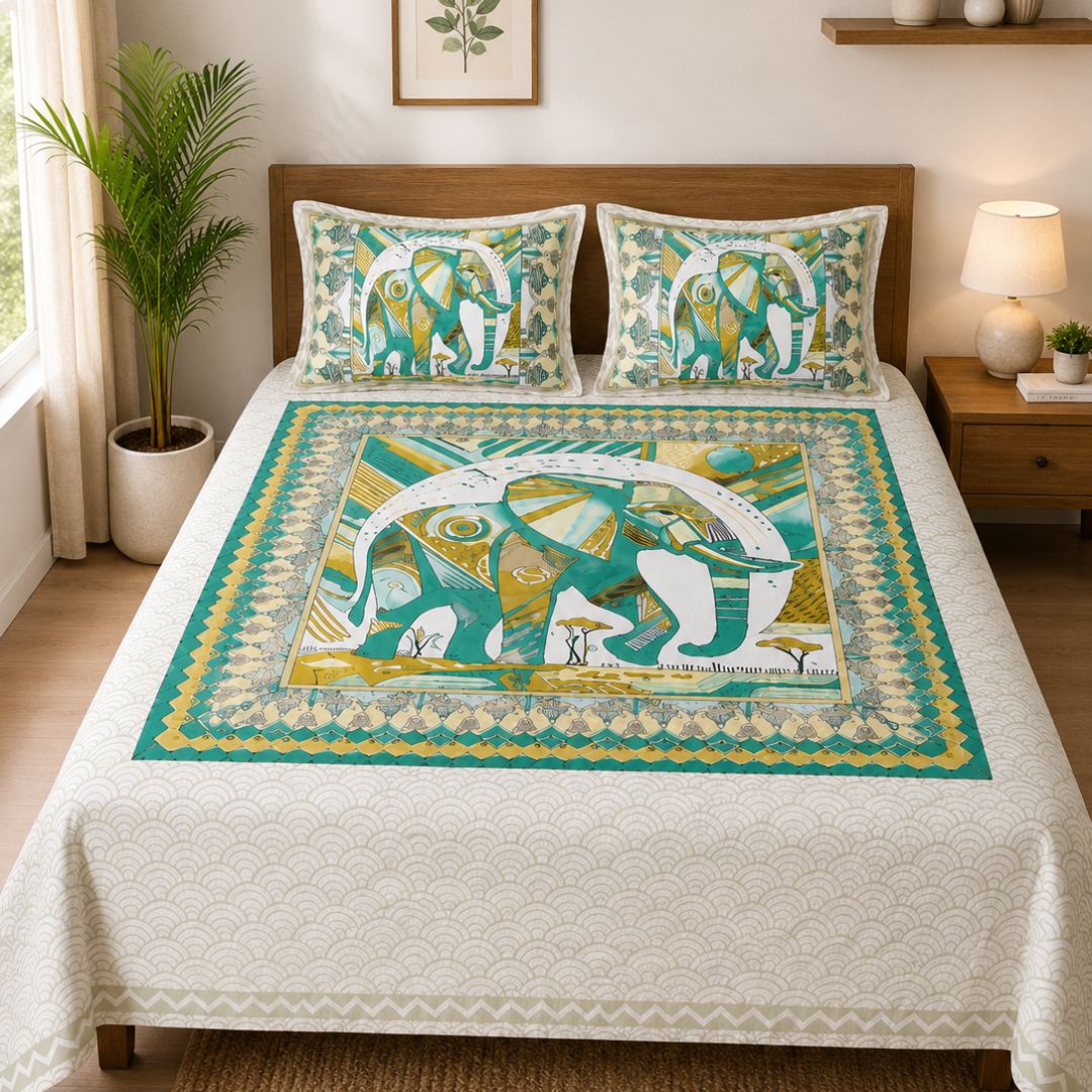 Sriora Enterprises 100% Pure Cotton King Size Bedsheet 93x108 Inch | 290 TC Teal Blue & Mustard Yellow Printed Bedsheet with 2 Zip Pillow Covers