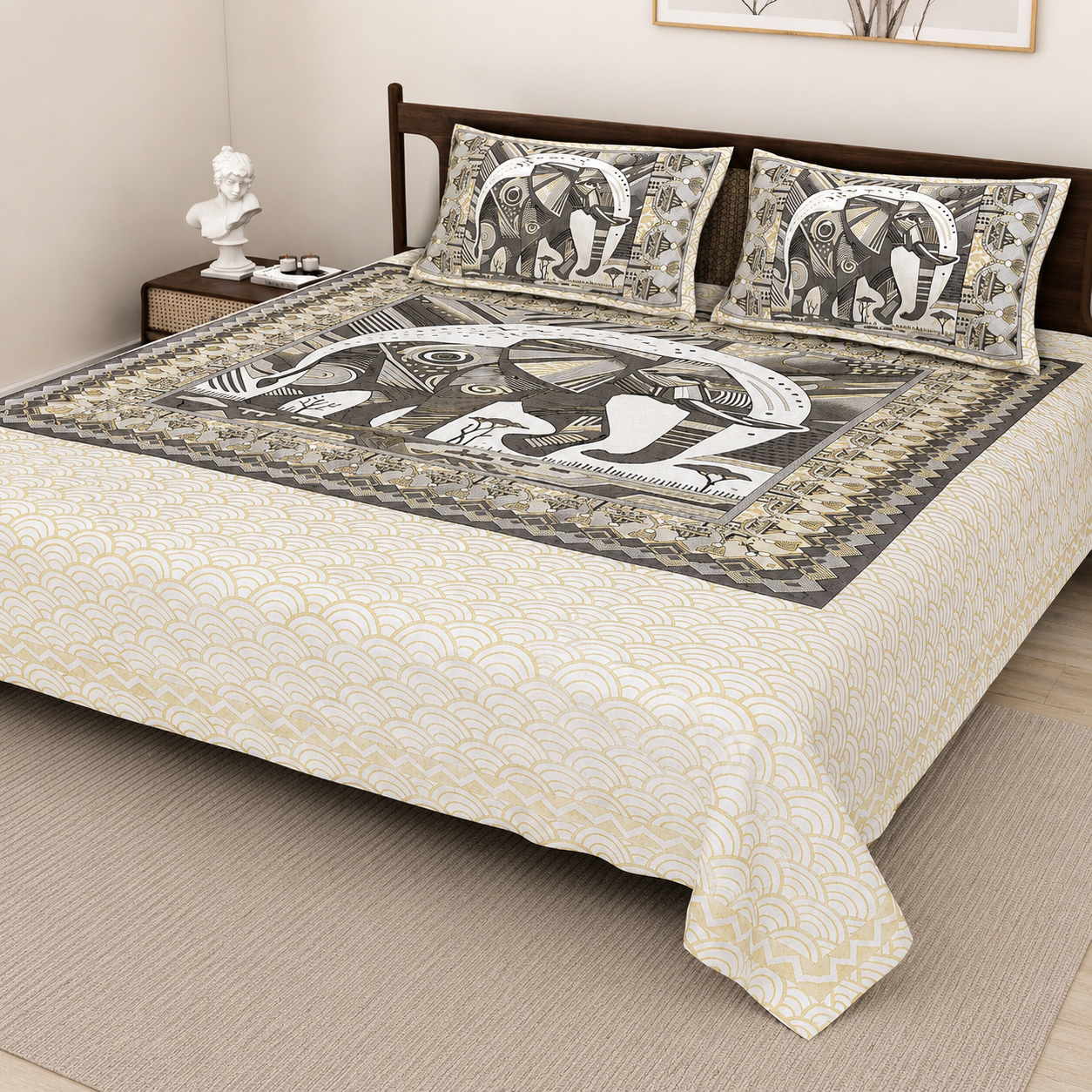Sriora Enterprises 100% Pure Cotton King Size Bedsheet 93x108 Inch | 290 TC Black & Beige Elephant Printed Bedsheet with 2 Zip Pillow Covers