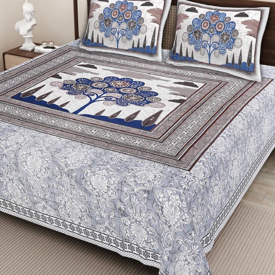 Sriora Enterprises 100% Pure Cotton King Size Bedsheet 93x108 Inch | 290 TC Blue & Grey Floral Printed Bedsheet with 2 Zip Pillow Covers | All Season